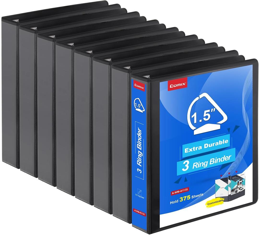 COMIX Heavy Duty 1 1/2 inch Slant-D Ring View Binder, 1.5 inch 3 Ring Binders, Hold 350 Sheets of 8.5" x 11" Paper, 8 Pack (Black)