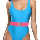 MIAIULIA Women's Retro 80s/ 90s Inspired High Cut Low Back Padding One Piece Swimwear Bathing Suits Belt Blue S