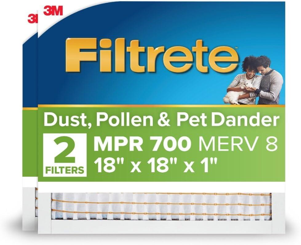 Filtrete 18x18x1 AC Furnace Air Filter, MPR 700, MERV 8, Tough on Pollen, Easy on Airflow, 3-Month Pleated 1-Inch Electrostatic Air Cleaning Filter, 2-Pack (Actual Size 17.81 x 17.81 x 0.81 in)