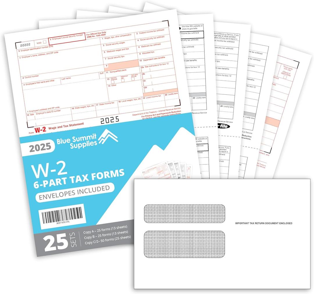 Blue Summit W2 Forms 2025 with Envelopes, 6 Part W2 Tax Forms 2025, 25 Employee Kit of Laser Forms with 3 W3s, Compatible with QuickBooks and Accounting Software, 25 Self Seal Envelopes Included