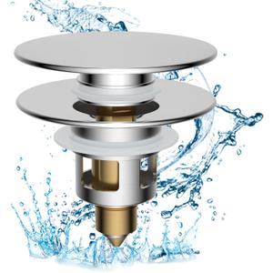Hibbent All Metal 2 in 1 Bathroom Sink Stopper, Universal Pop Up Drain Strainer, Brass Bullet Core Push Type Sink Stopper for 1.1''~2.3'' Basin, Big Push Button, Anti Clogging Drain Filter, Chrome