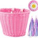 Bike Basket Kid Bicycle Basket Bike Accessories, 1pc Bicycle Bell with Stickers, 1pc Kid Bicycle Front Basket and 1pairs Colorful Ribbons Tassels Decoration for Girl Boy (Pink)