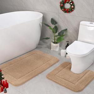 LOCHAS Bathroom Rug Set Beige, Soft Bath Rug Set 2 Piece, Toilet Mat U-Shaped 20x20 and 34x20 Bath Rugs, Quickly Dry Mats for Bathroom, Tub, Washable, Super Absorbent Floor Mat