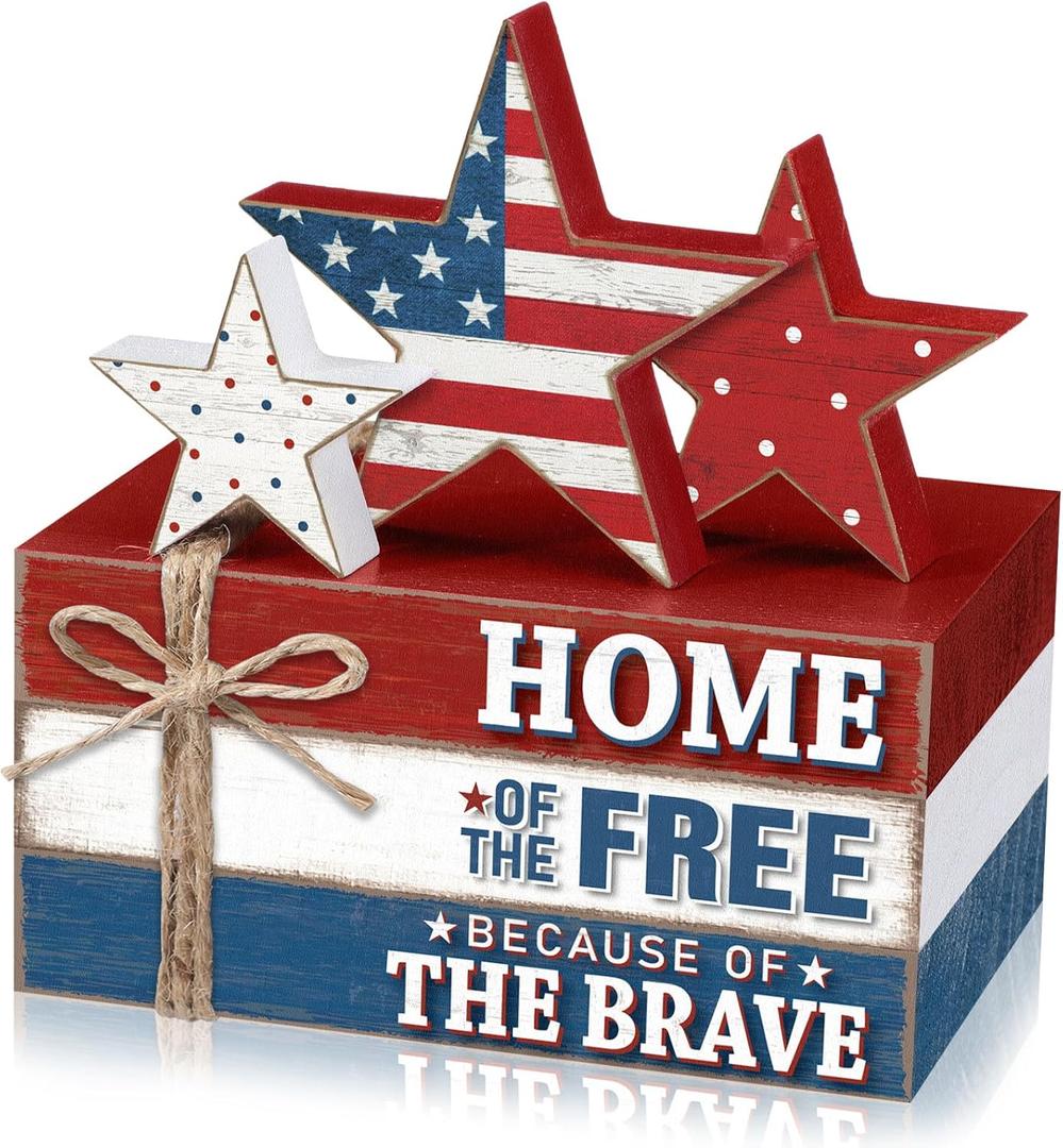 Geelin 4 Pcs 4th of July Wooden Book Stack Sign Decor, 250th Anniversary Patriotic Red White Blue USA Tabletop Decoration with Star Design, Rustic Farmhouse Tiered Tray Decor for Home Office Desk