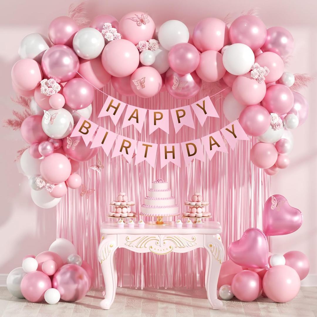 Pink Birthday Decorations with Pearl White Light Pearl Metallic Pink Foil Balloons Fringe Curtain Banner for Happy Birthday Decorations for Women