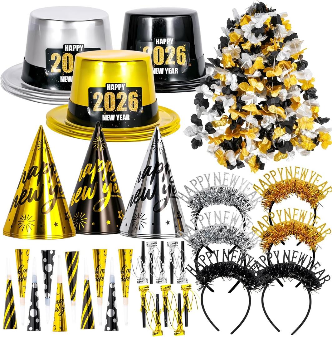 Atonofun 2026 New Years Eve Party Supplies for 20 Guests, 48 Pcs New Year Eve Party Hats and Horns, Headband, Tattoos, Blowouts, Leis 2026 New Year Party Favors