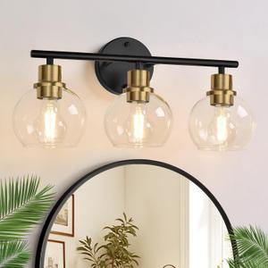 Indoi 3Light Bathroom Light Fixtures, Black and Gold Bathroom Lights Over Mirror with Clear Glass Globe Shade, Vanity Lights for Bathroom Kitchen Living Room Hallway Cabinet Bedroom Porch