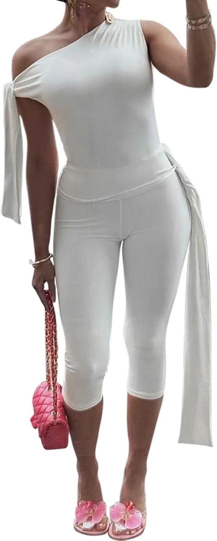 Fastkoala Women's 2 Piece Shorts Sets Outfits Casual Summer 2025 Sexy Off The Shoulder Bodycon Matching Pants Sets (Large, White)