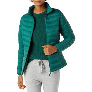 Amazon Essentials Women's Lightweight Long-Sleeve Water-Resistant Packable Puffer Jacket (Medium, Dark Emerald Green)