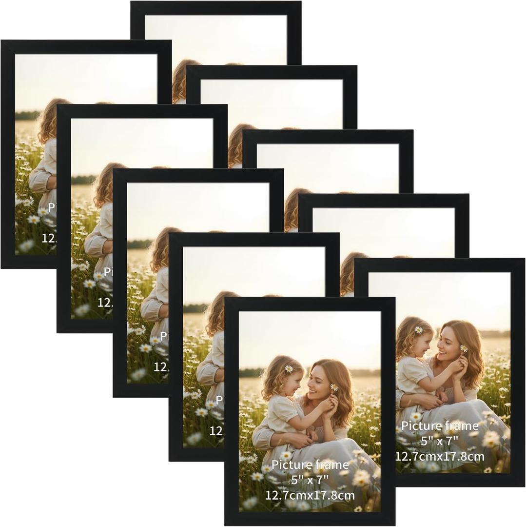 CRUGLA 5x7 Picture Frame Set of 10, Photo Frames Display 5 by 7 Picture, Clear Protective Front, for Wall or Tabletop Display, Black