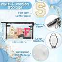Preppy SPF Cosmetic Bag - SPF Chenille Varsity Letter Clear Toiletry Bag Summer Aesthetic Waterproof Portable Makeup Bag Transparent PVC Zipper Clutch Purse Beach Bag for Women (Black)
