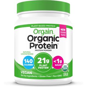Orgain Organic Vegan Protein Powder, Natural Unsweetened - 21g of Unflavored Plant Protein, 4g Prebiotic Fiber, Low Net Carbs, No Added Sugar, Non-GMO, For Shakes & Recipes, 1.59 lb (EXP 08/20/27)