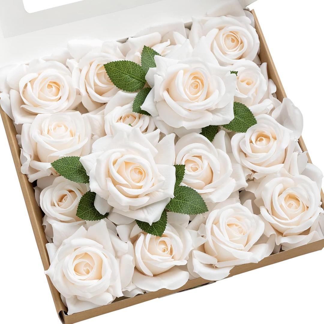 Ling's moment Artificial Flowers 16pcs Cream Silk Roses with Stems, 3.5" Fake Vendela Roses Bulk for DIY Wedding Bouquets Centerpieces Party Baby Shower Home Decoration