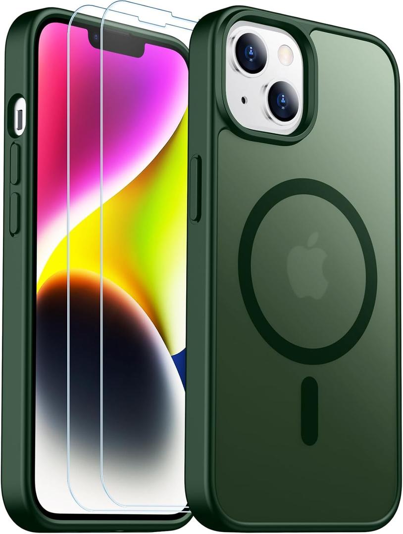 SPIDERCASE for iPhone 14 Plus Case, Magnetic Translucent Matte Case with 2PCS Tempered Glass Screen Protector Slim Phone Case for iPhone 14 Plus 6.7'', Green
