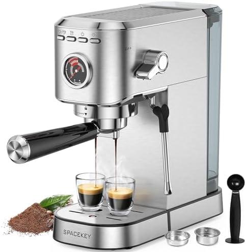Spacekey Espresso Machine 20 Bar, Professional 1350W Espresso Maker with Milk Frother, Compact Stainless Steel Cappuccino & Latte & Americano Maker with 39oz Removable Water Tank, Silver