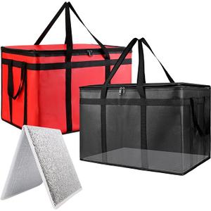 2PK XXXL Insulated Food Delivery Bag with Baseboard - Reusable Thermal Cooler Grocery Bags for Doordash Catering, Pizza Carrier, Events, Keeps Cold/Hot Food Frozen or Warmer for Travel, Commercial (Black)