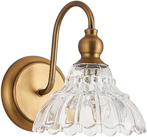 TLOLGT Vintage Brass Wall Sconce Bronze Bathroom Wall Light Made of Electroplated Copper Body and Pressed Patterned Glass Retro Vanity Lights for Bedroom, Doorway, Hallway