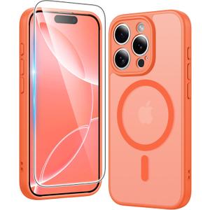 FNTCASE for iPhone 16 Pro-Max Case: Matte Magnetic Phone Cases with Screen Protector Compatible with Magsafe Slim Anti Yellowing Rugged Shockproof Protective Translucent Cell Cover (C-Orange)