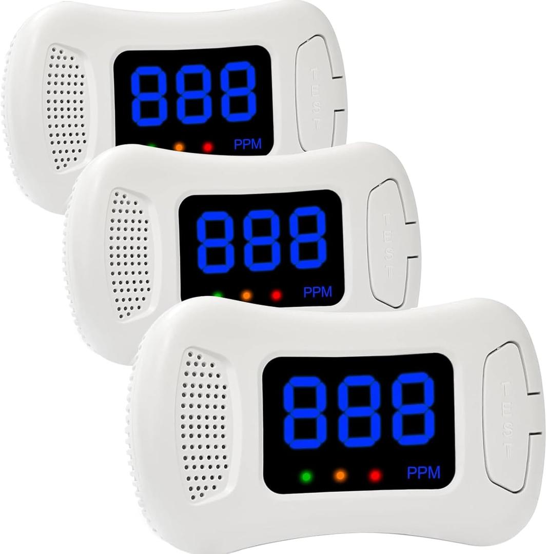 3 Packs Carbon Monoxide Detectors,CO Alarm Detector Monitor Battery Operated with PPM Value Display,Carbon Monoxide Alarm with Sound &Light Warning,Accurate & Easy to Read,for Home Kitchen Office