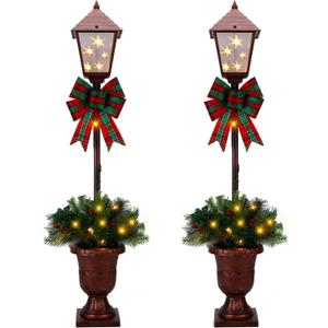 GREATDAY 2Pack 3.5-Foot Christmas Decorated Pre-Lit Lamp Post with 20 LED Lights with Timer by Batteries Operated for Front Door, Entryway, Patio Porch Home Decorations,Indoor&Outdoor use