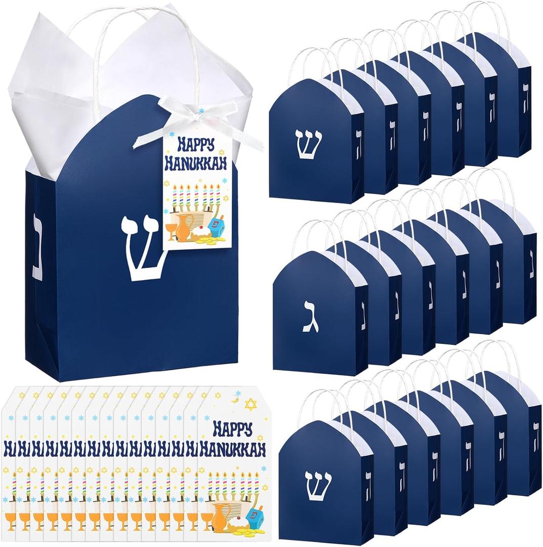 Kolldenn 24 Sets Hanukkah Gift Bag with Tissue Paper Happy Hanukkah Paper Bags with Handle Cards Stars Menorah Candles Gift Wrapping Party Supplies