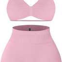 Comper 2 Piece Workout Sets for Women Halter Strappy Sports Bra with Seamless Ribbed Gym Yoga shorts Outfits (Pink, S)
