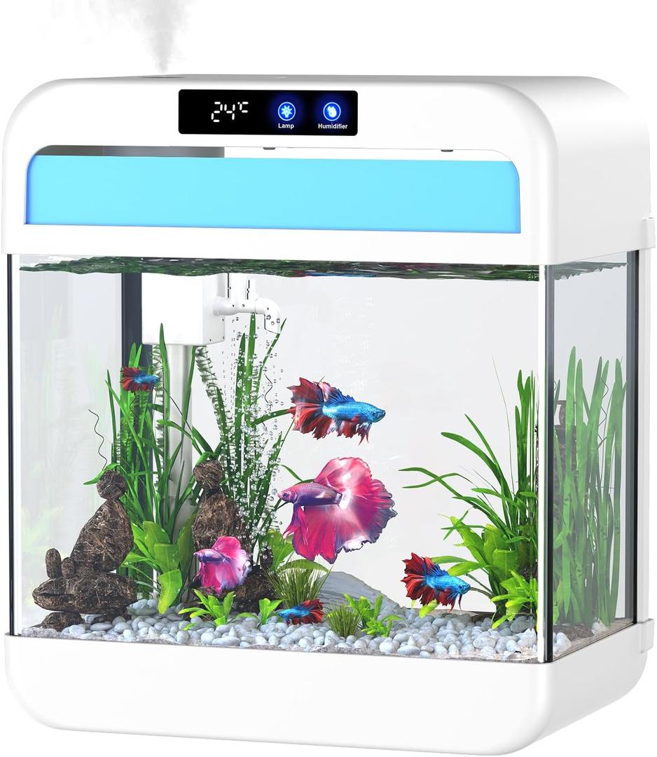 Fish Tank 2.2 Gallon Aquarium Tank Kit,with 3 Color Auto-Looping Light,Fish Bowl with Humidifier Pump,Fish Tank Small Aquarium,Temperature Display, Humidifier Function for Aquariums Starter Kits