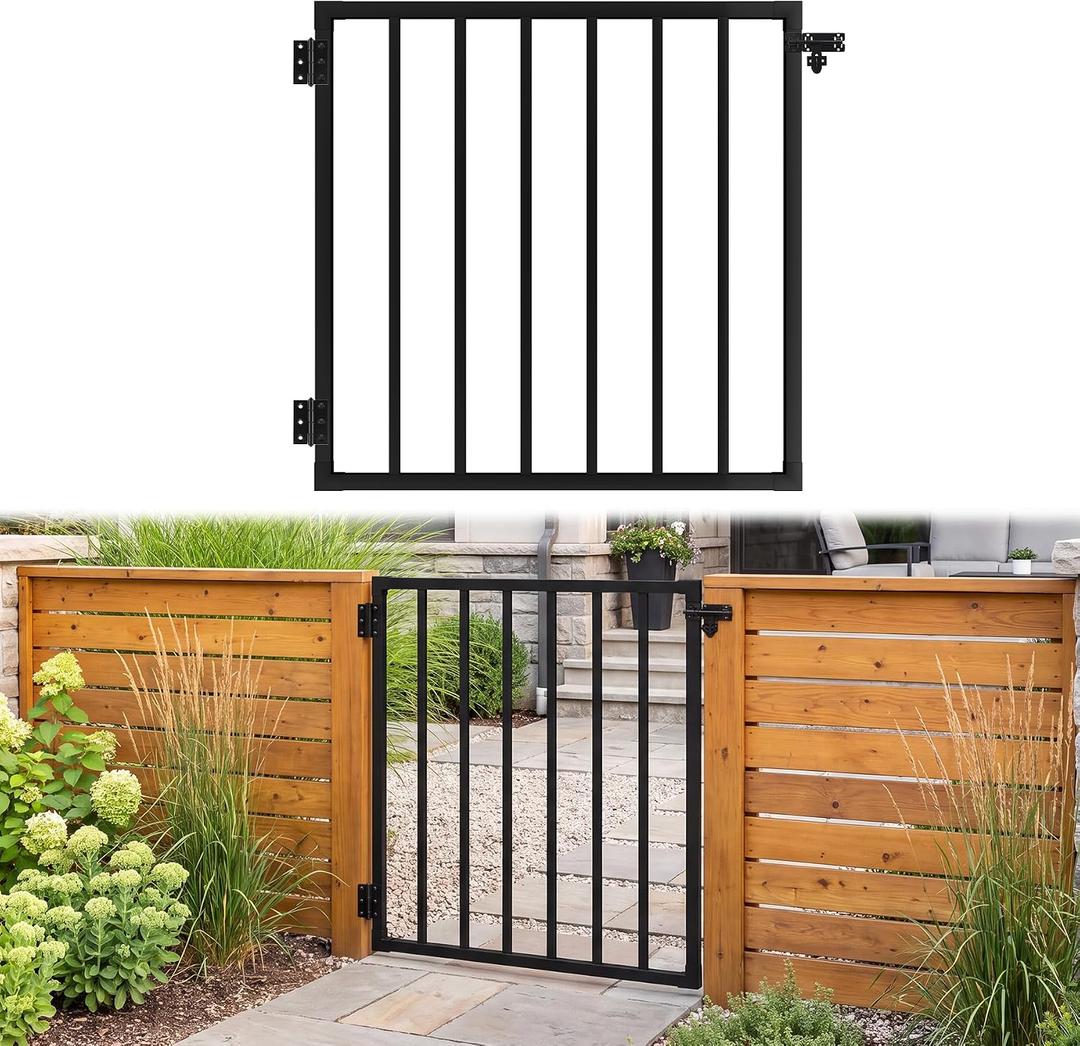 EEURAO 3ft.W x 42in.H Black Metal Fence Gate, Deck Gates Outdoor with Latch，Metal Garden Gate with Aama2604 Coat Finish Rust Resistant Finish for Yard, Patio, Deck and Outdoor Fence