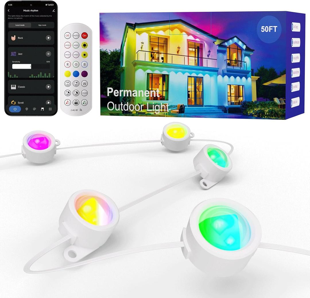 HUTAKUZE Permanent Outdoor Lights, 50FT with 30 RGB LED Lights,IP67 Waterproof, 48 Scene Modes for Outdoor Decor, APP/Remote Control,Music Sync