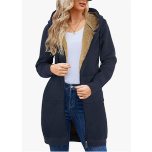 HEEKPEK Women's Long Hoodies Tunic Winter Fleece Jackets Casual Zip up Hoodies Soft Sherpa Sweatshirts Warm Long Coats, Dark Blue, Size L