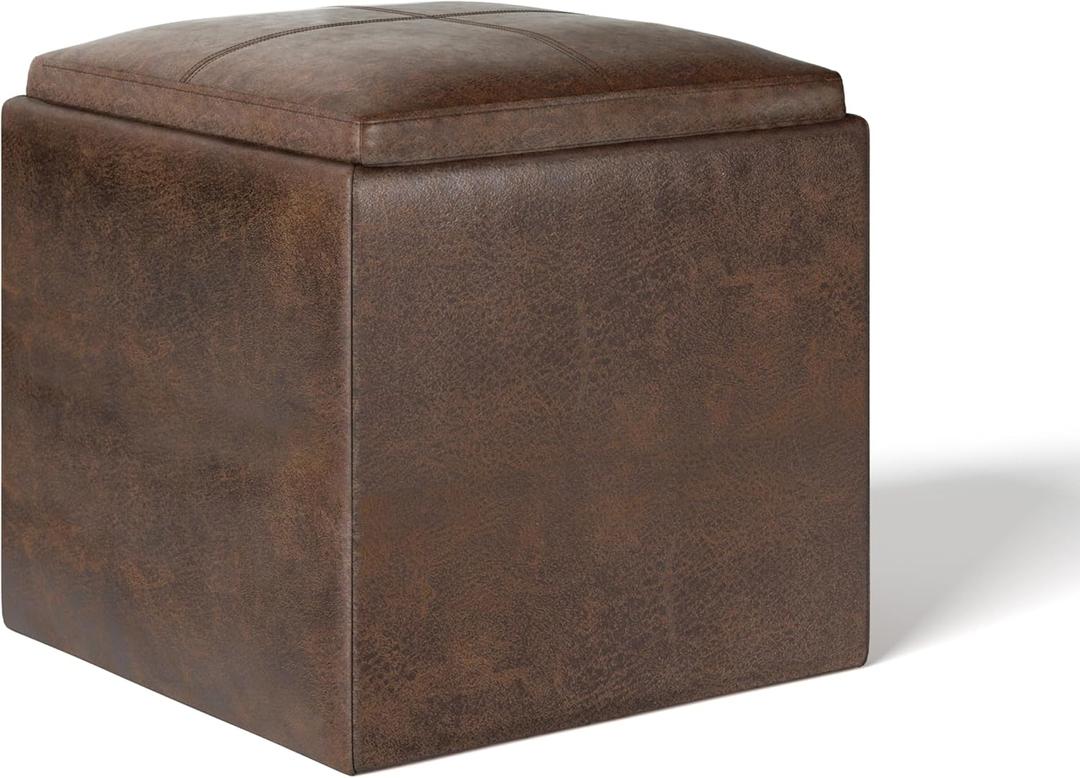 SIMPLIHOME Rockwood Cube Storage Ottoman with Tray - 17 inch Wide Upholstered Vegan Leather Square Storage Ottoman in Distressed Brown, Contemporary Cube Ottoman for Living Room with Serving Tray