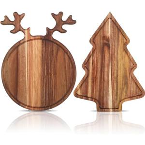 Umigy 2 Pcs Christmas Charcuterie Boards Christmas Tree Wooden Cutting Board with Handle Antler Acacia Wood Cute Cutting Board for Cheese Fruit Bread Salad Vegetables Snack Dessert