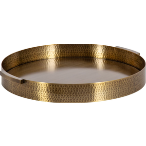 Kate and Laurel Samana Modern Glam Round Metal Tray; 17 Inch Diameter; Antique Brass; Circular Polished Decorative Tray with Hammered Surface and Minimalist Handles