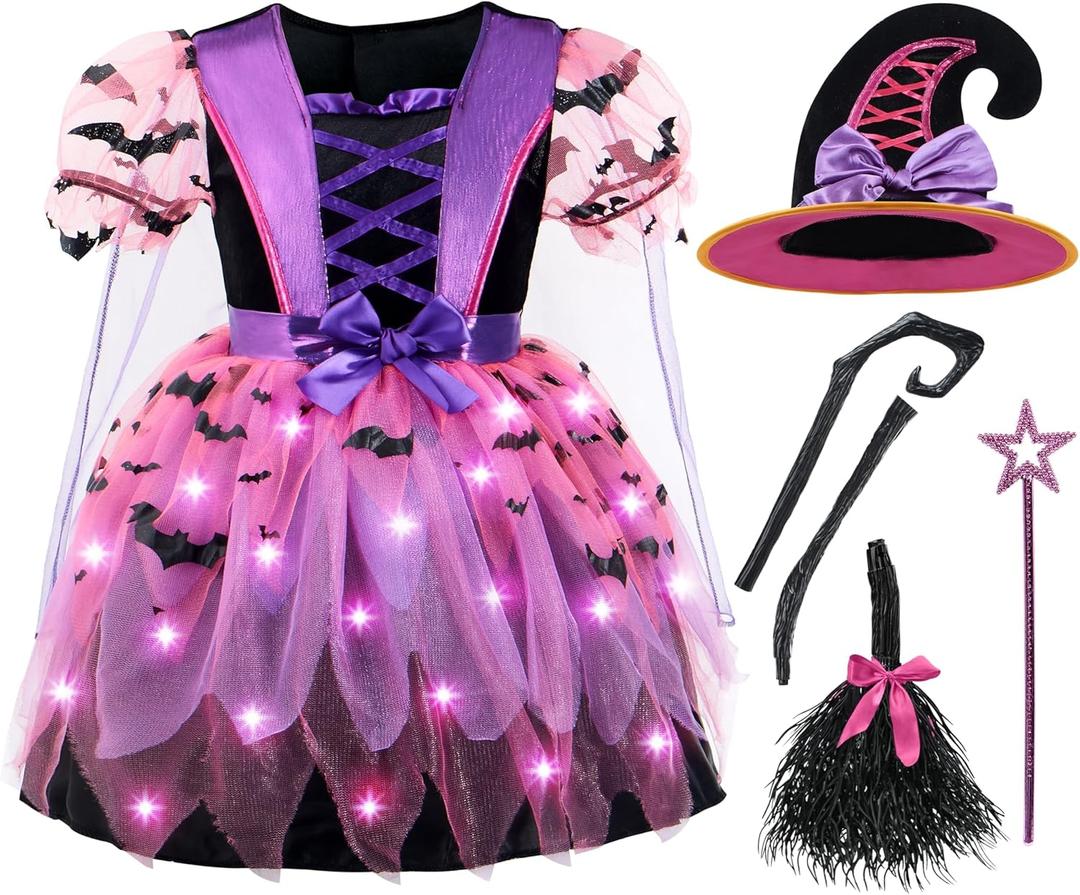 Spooktacular Creations Girls Light Up Witch Costume, Kids Witch Costume with Hat and Broom for Toddler Halloween Dress Party (Small(5-7 yrs), Pink)