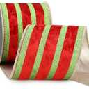 Red Velvet Wired Ribbon with Lime Green Glitter Stripe 4 Inch Extra Wide Crushed Velvet Christmas Ribbon, 10 Yards for Gift Wrapping, Crafts, Christmas Tree Decorations, Wreaths, Garlands