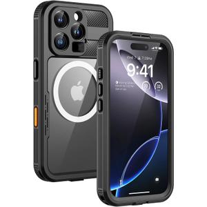 Lanhiem Magnetic for iPhone 16 Pro Case, IP68 Waterproof Dustproof Case, [Compatible with Magsafe] [Built-in Screen Protector] Full Body Heavy Duty Rugged Phone Cover 6.3 inch, Black/Clear