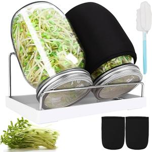 Sprouting Jar Kit, 32 OZ 2 Large Wide Mouth Mason Jars with Sprout Lids, Premium Canning Lids, Blackout Sleeves, Tray ,Stand & Canning Brush - Sprouting Kit for Growing Broccoli, Mung Bean, Alfalfa