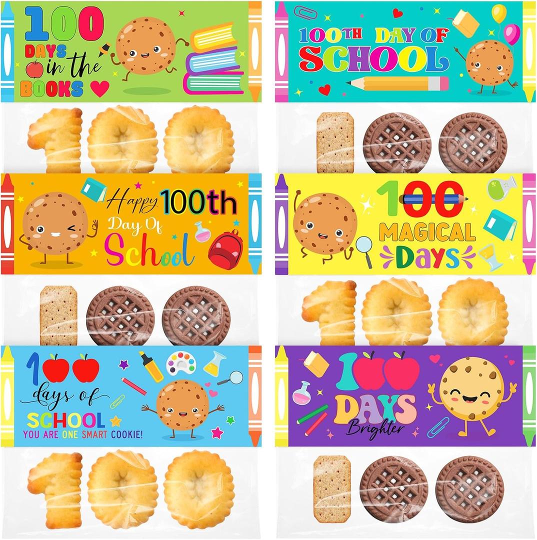 Tioncy 48 Set 100th Days of School Treat Bag Toppers and Cards Set Happy 100th Days School Self Adhesive Goodies Baking Wrapping Bags with Greeting Card for Kids Funny Project DIY Exchange Card Gifts
