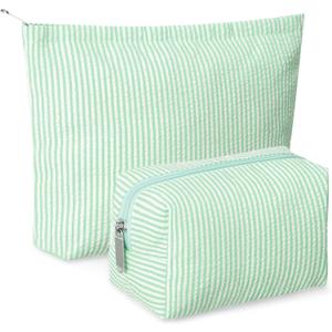 Huhumy 2 Pcs Makeup Bag Set Cute Cosmetic Pouch for Women Seersucker Travel Toiletry Bag Preppy Small Makeup Purse Pouch Aesthetic Skincare Brushes Storage Organizer for Valentine Women(Green)