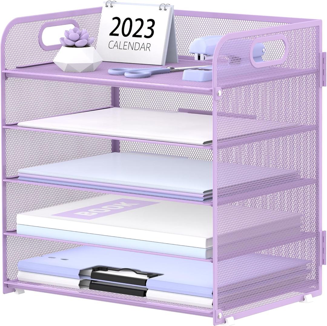 Supeasy 5 Trays Paper Organizer Letter Tray with Handle-Mesh Desk File Organizer, Paper Sorter Desk Organizer for Office, Home or School (Purple)