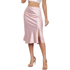 ALCEA ROSEA Women High Waist Silky Satin Midi Skirt Elastic Waist A Line Skirt with Slit (Pink, Medium)