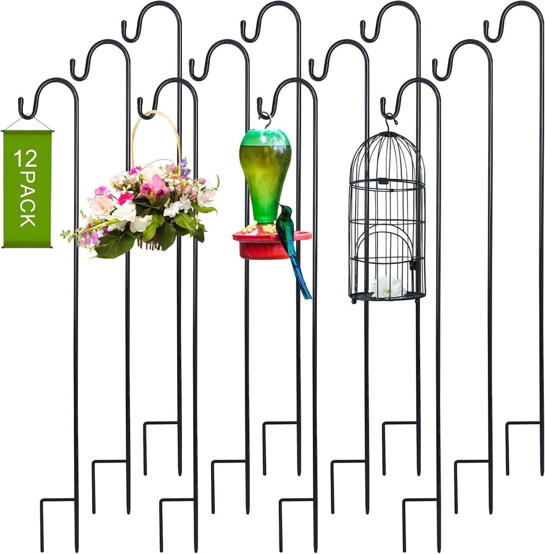 Suzile 12 Pcs 48 Inch Shepherds Hooks for Outdoor Bird Feeders Pole Metal Garden Hooks Hangers for Hanging Plants, Lanterns, Solar Lights, Windchime, Weddings Decor (47.24 Inch)
