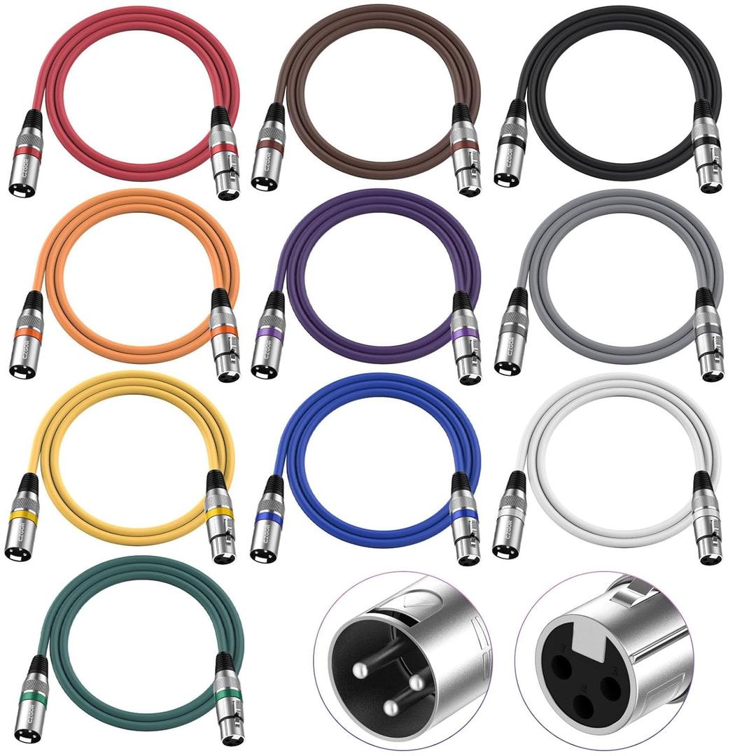 XLR Cables 4 ft 10 Pack,DMX 3-Pin XLR Microphone Male to Female Cable, Compatible with Microphones, Stage Light DMX Cable, Mic Mixer, Speakers and More, Multi-Color 4 Feet