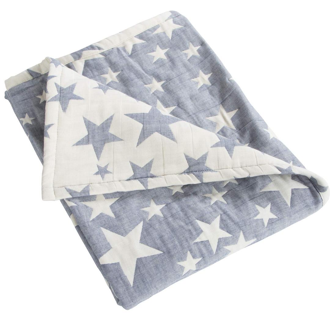 NTBAY 3 Layer Toddler Blanket, Muslin Cotton Jacquard Bed Blankets, Lightweight Thermal Baby Blanket, Super Soft and Warm Crib Blanket for All Seasons, Decoration Gift, 30"x40", Blue (30x40 Inch (Pack of 1))