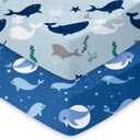 Light Quilted Crib Sheets 2 Pack, Soft Fitted Sheets for Standard Crib and Toddler Mattresses, Polyester, 52" x 28" x 9", Ocean Whale