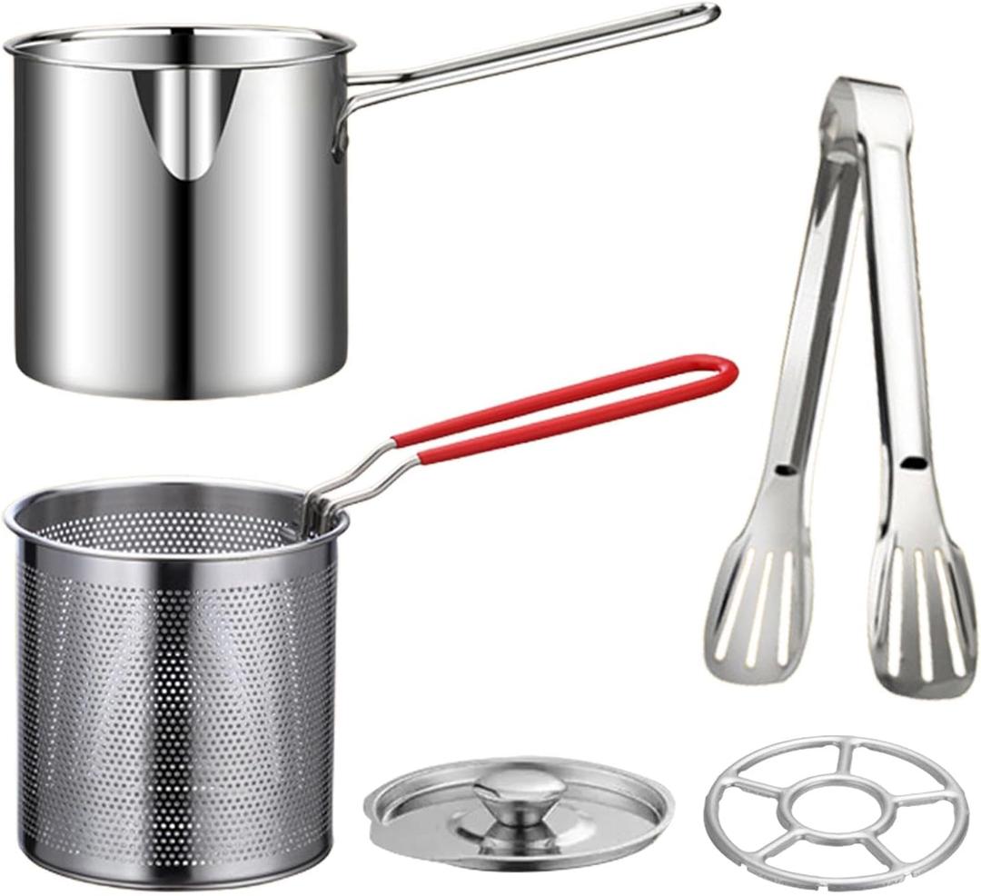 Deep Fryer Pot with Basket and Handle, Stainless Steel Frying Pan Mini Fryer Soup Pot with Tongs and Lid Japanese Tempura Fryer Deep Fryers Frying Pot for Fish Shrimp Chicken and Fries