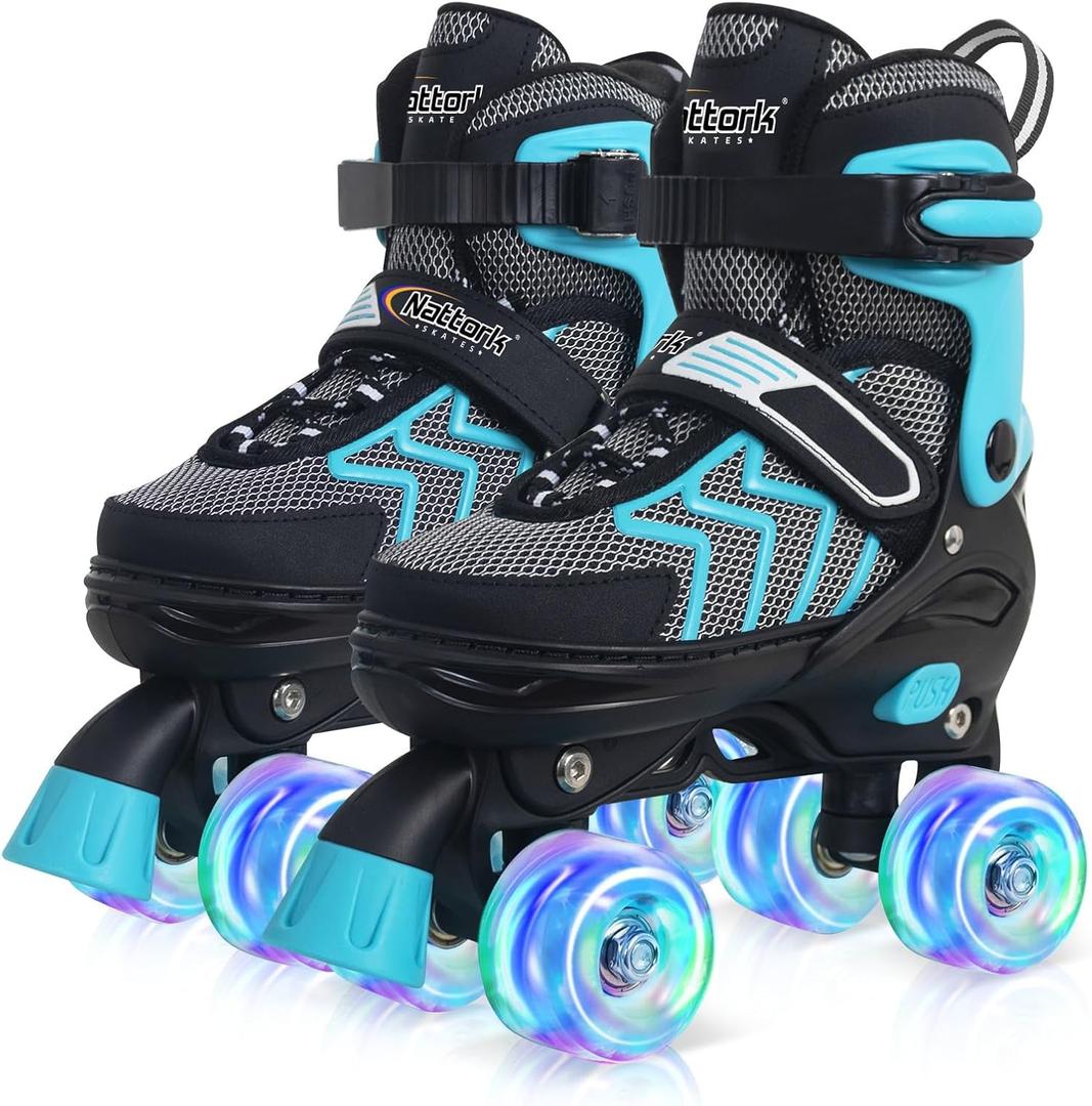 Nattork Kids Roller Skates for Boys & Girls, 4 Size Adjustable Rollerskates with Light Up Wheels for Teens Beginners Outdoor Sports, Birthday Gift for Toddler (Small(9C-12C), Teal)