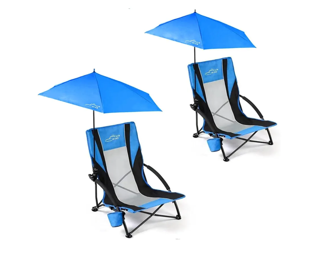 FAIR WIND 2 Pack Beach Chair with Umbrella for Adults Shade Chair Folding Backpack Portable Concert Bag Sand Chair with Cup Holder - Navy Blue with Black