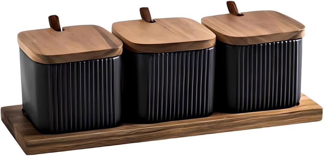 3 Pack Ceramic Condiment Jar Spice Box, Container Seasoning Jars Set with Lids and Spoon for Sugar Tea Coffee Spice Salt pepper for Home Kitchen Counter (Black)