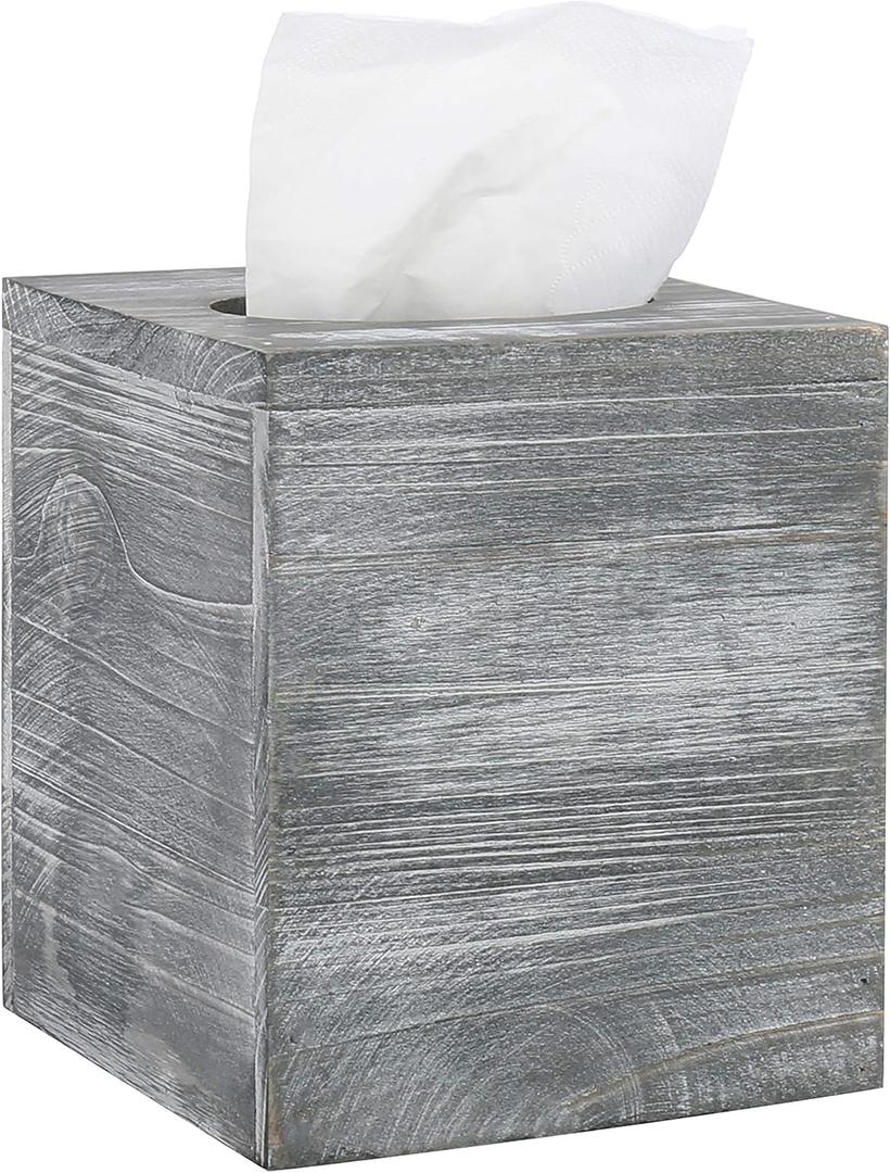 MyGift Graywashed Wood Decorative Tissue Box Holder Cover, Bathroom Facial Tissue Box Cover with Easy Refill Slide-Out Bottom Panel